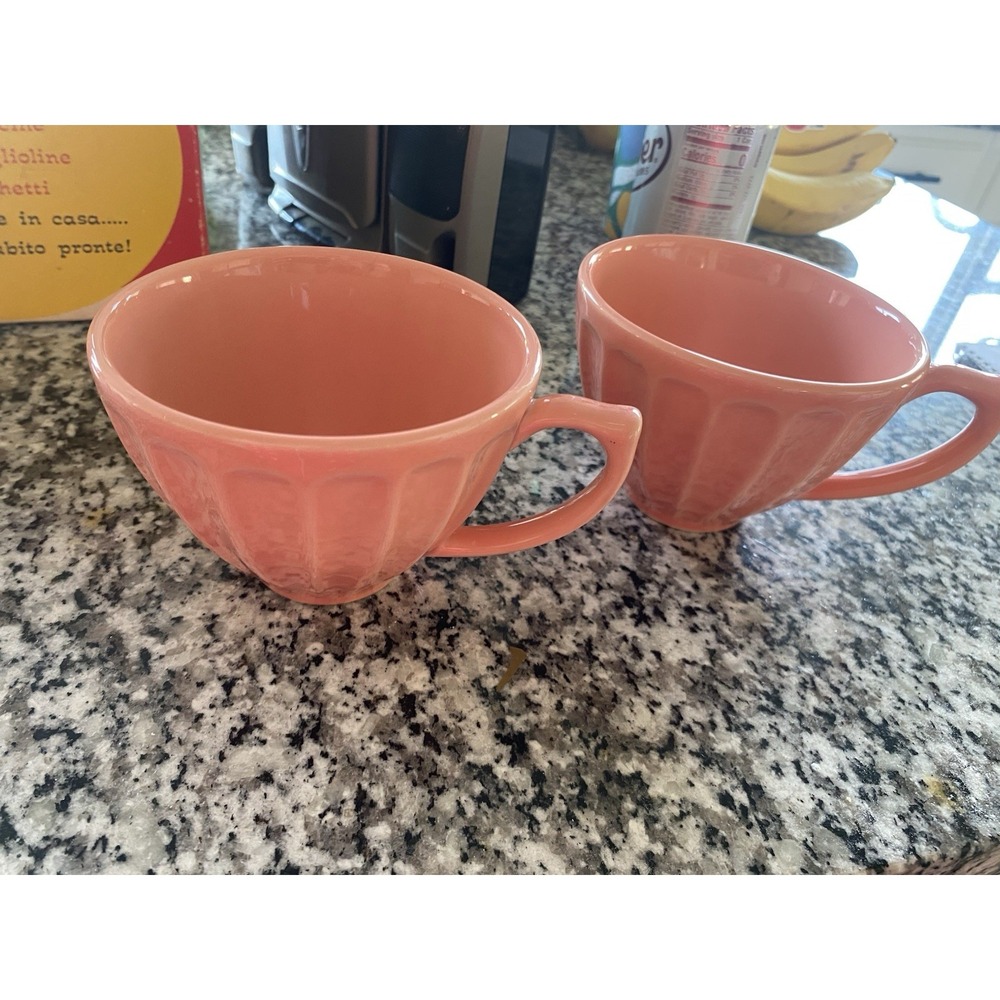 2 Anthropologie Biscuit Coffee Latte Cups Mugs Ribbed Salmon Pink